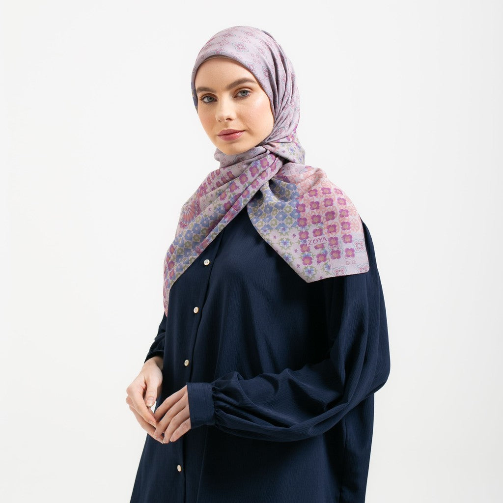 Zoya DELMARA Scarf - Kerudung Hijab Segiempat Motif With Box - Bahan Voal - Ukuran 110x110