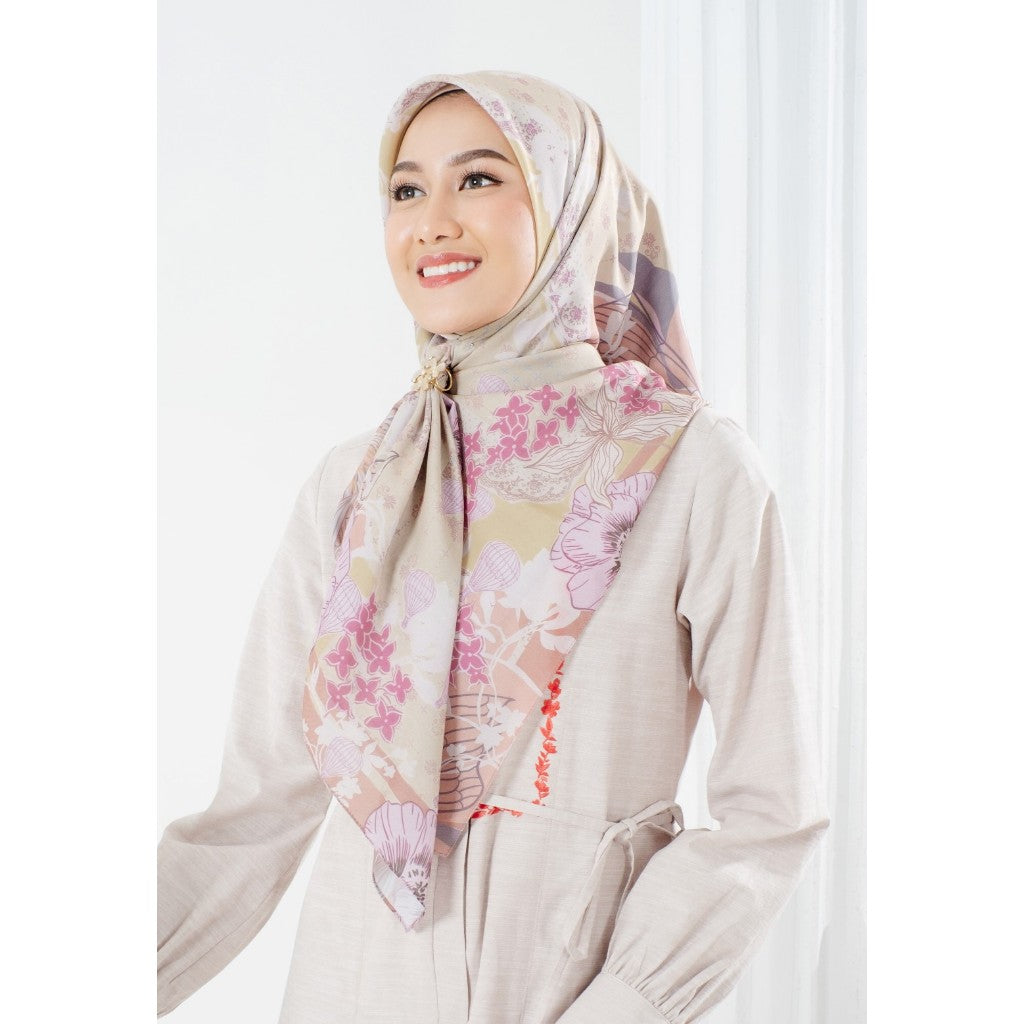 Zoya ALMONA Scarf - Kerudung Hijab Segiempat Motif With Pouch - Bahan Poly Fine - Ukuran 110x110